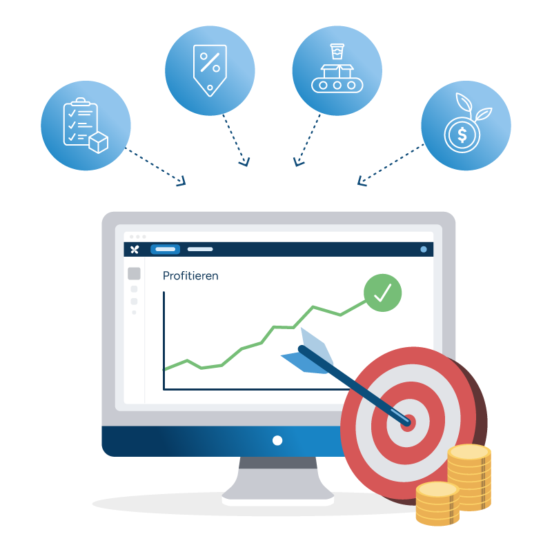 Illustration von vier Hebel-Icons über einem Laptop, der die einheitliche RELEX-Plattform darstellt, die sie miteinander verbindet.