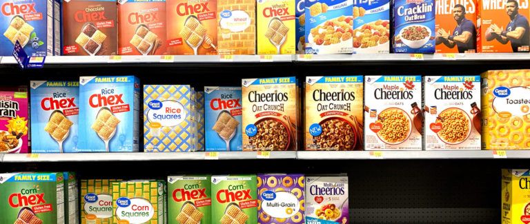 Cereal shelf at a grocery store