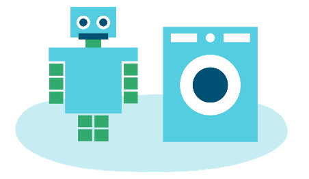 Illustration of a robot standing next to a washing machine. 