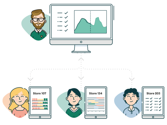 Illustration of a person with computer screen and three persons with tablets