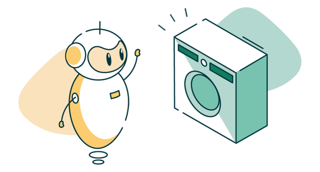 Illustration of a robot standing next to a washing machine. 