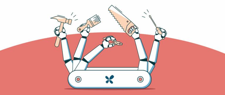 Illustration of robot hands holding different building supplies.