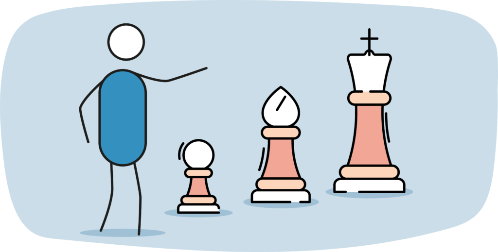 An illustration of a person standing next to a chessman. 