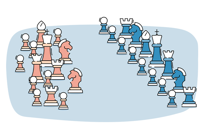 An illustration of red and blue chess pieces. 