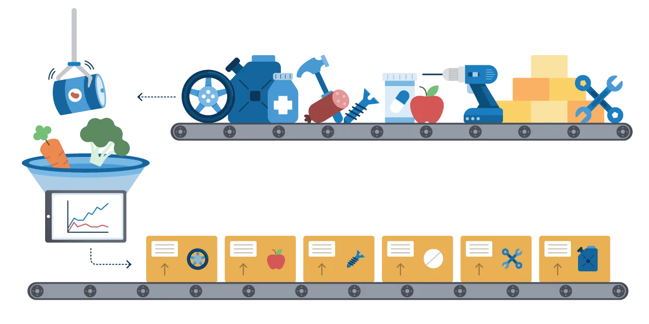 Two conveyor belts and a mechanical arm pack boxes with grocery, DIY, auto, and pharmaceutical products.