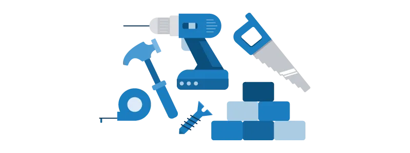 A collection of item representing DIY products, like a hammer, saw, drill, screw, and measuring tape.