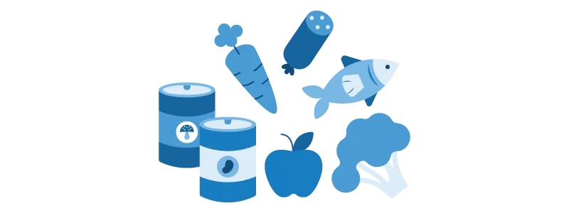 A collection of grocery products, like produce, canned beans, and fish all jumbled together.