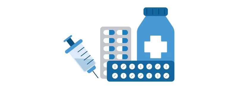 A syringe, two pill packets, and a bottle with a white cross on the front represent a variety of pharmacy products.