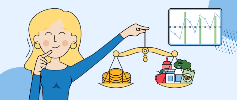 An illustrated woman holding a scale, balancing gold coins that represent potential revenue with various food products. In the background is a standard combination line and bar graph plotting out inventory needs.