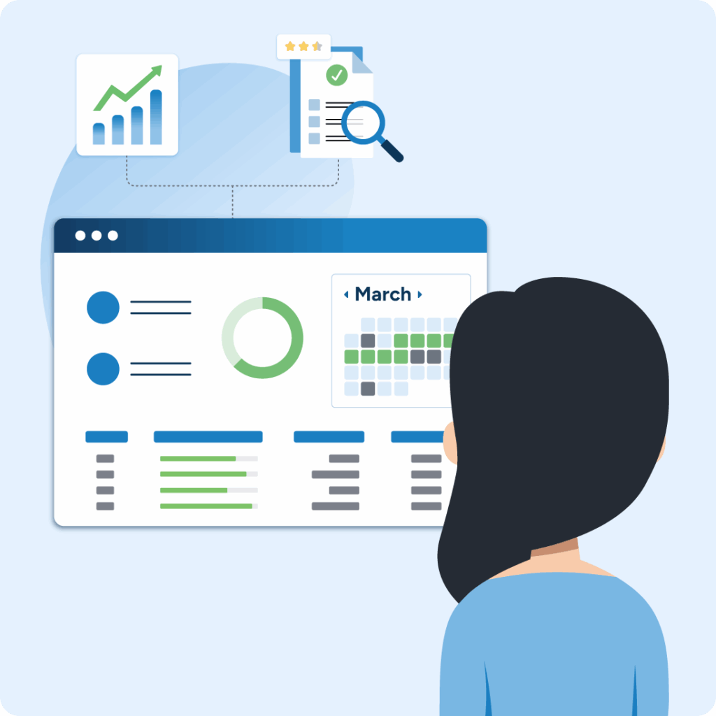 An inventory planner reviews a RELEX interface featuring charts, a calendar, and other data to analyze trends and optimize stock levels.