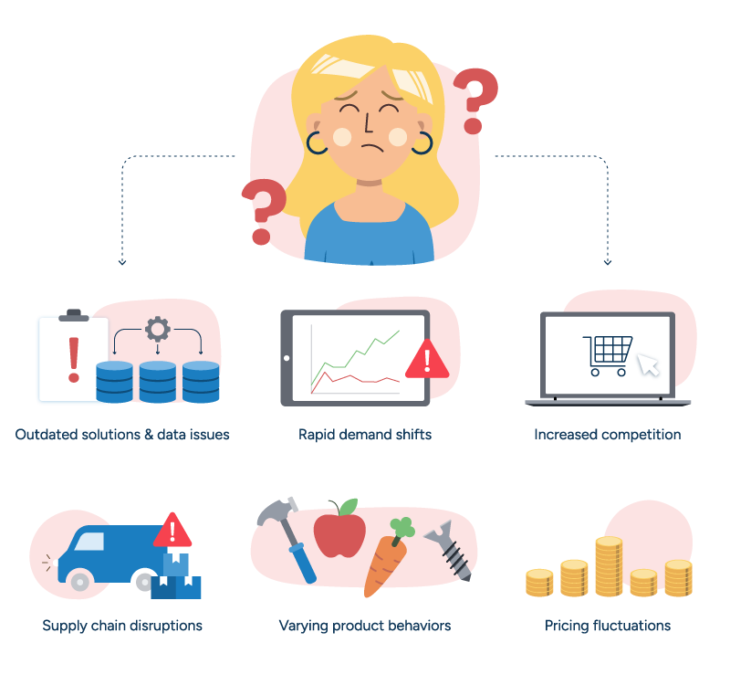 A concerned inventory analyst surveys the challenges of optimizing inventory: data issues, demand shifts, competition, disruptions, varying product behaviors, and pricing fluctuations.