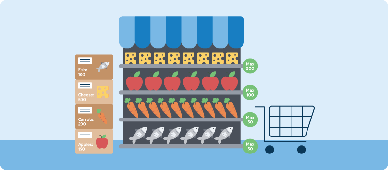An illustration of a shelf with fresh products and overstock.