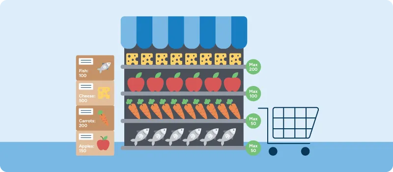 An illustration of a shelf with fresh products and overstock.