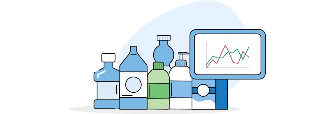 A visual showing different types of products with a visual depiction of a simple demand forecast line graph.