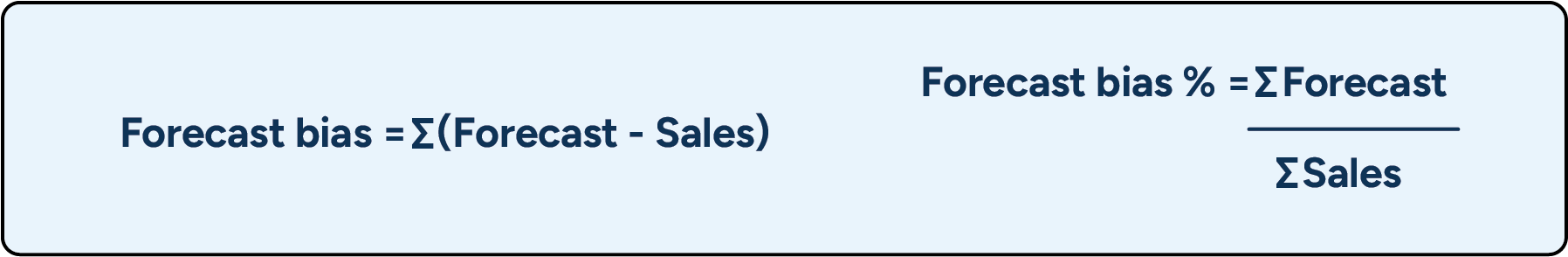 Two formulas show how forecast bias is calculated by comparing the forecast to sales.