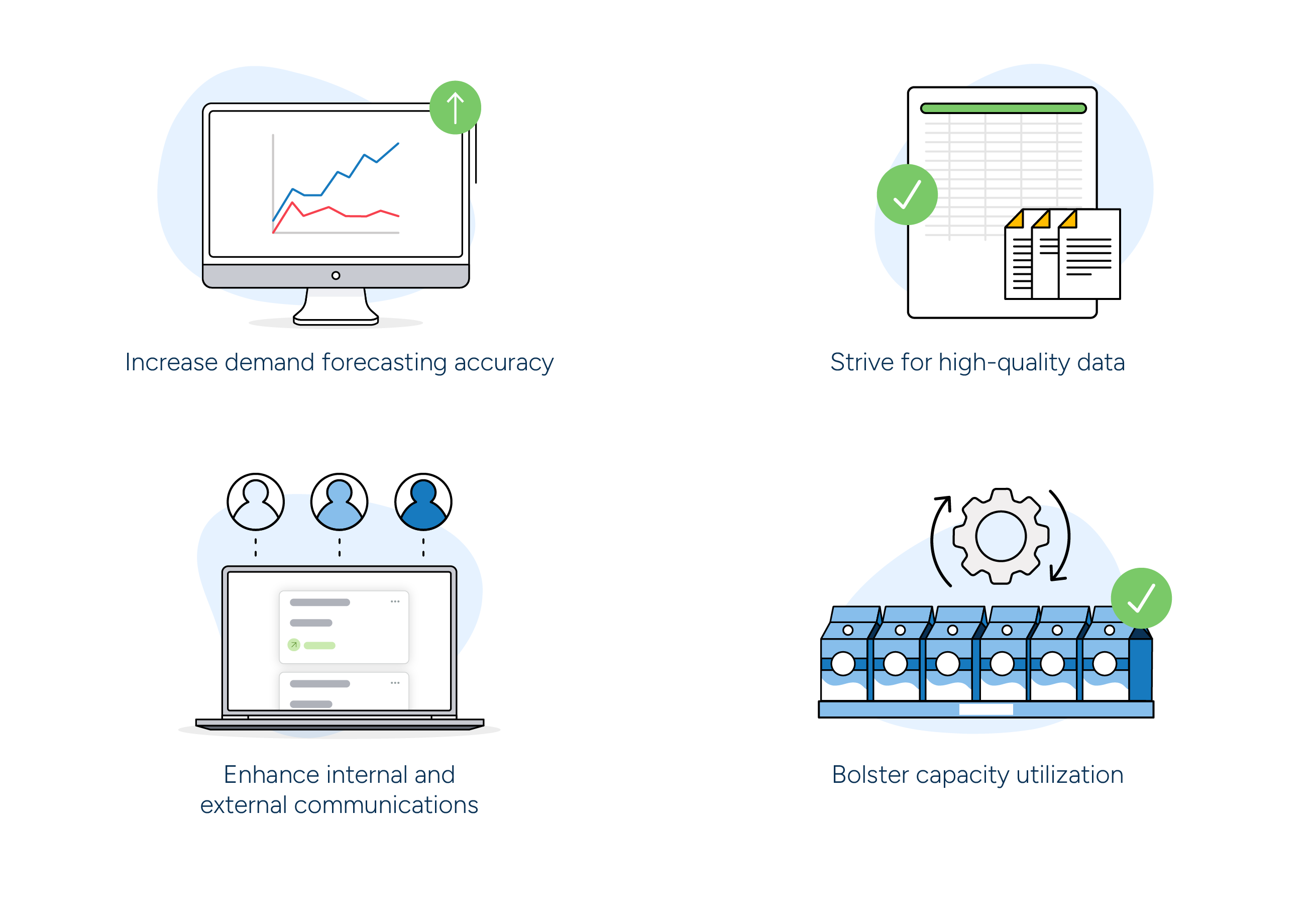 An illustration showing the functions that are improved with optimized supply chain management.