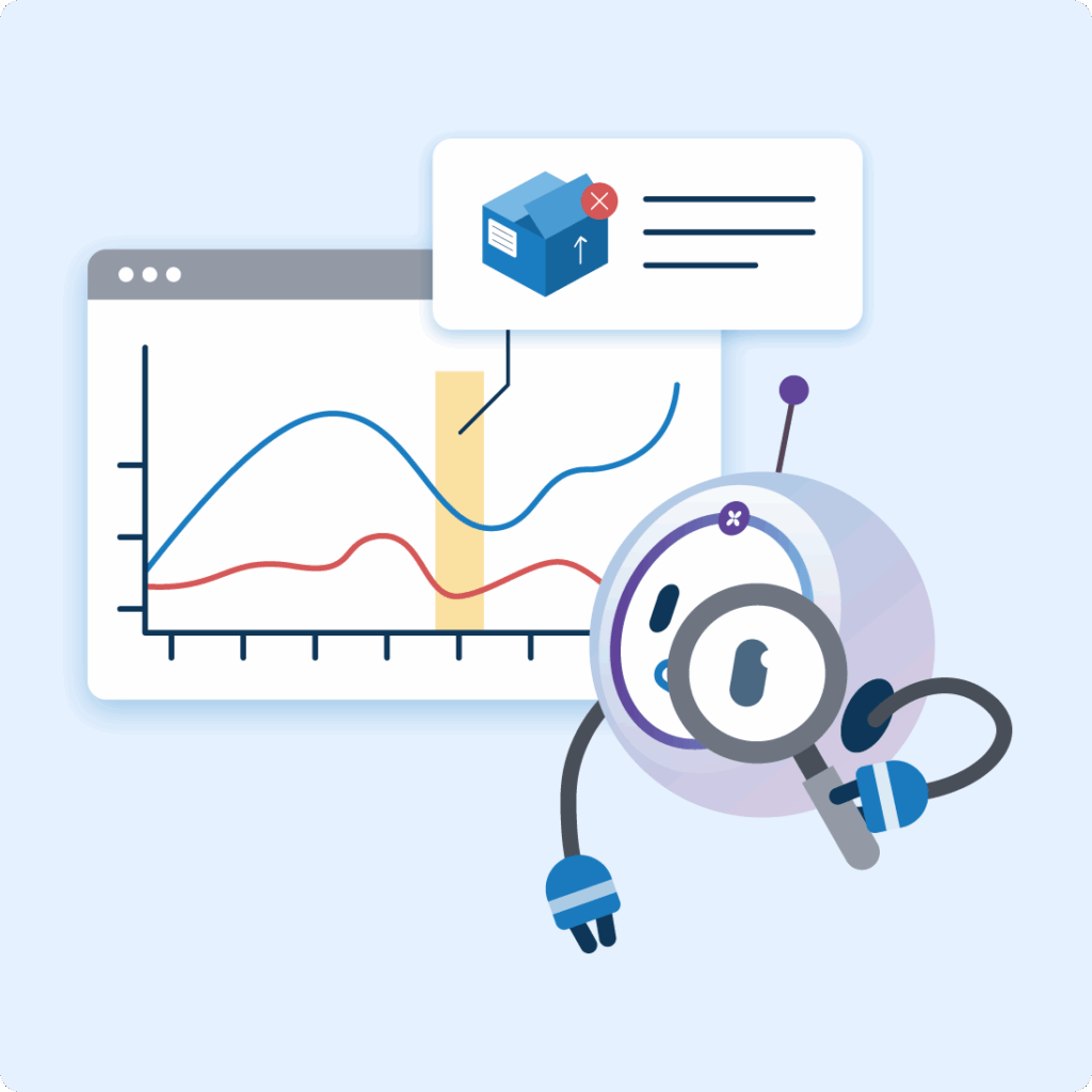 An illustration of a forecasting agent looking through a magnifying glass, next to a line chart