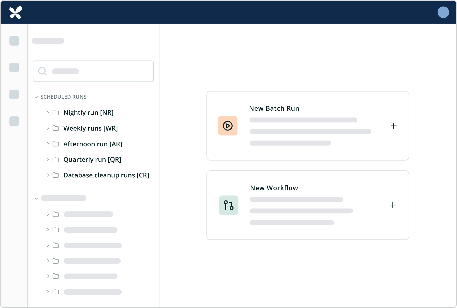 The configuration window shows an empty workspace where users can insert filters, branches, and actions using a graphical interface. Folders are listed on the left-hand side.