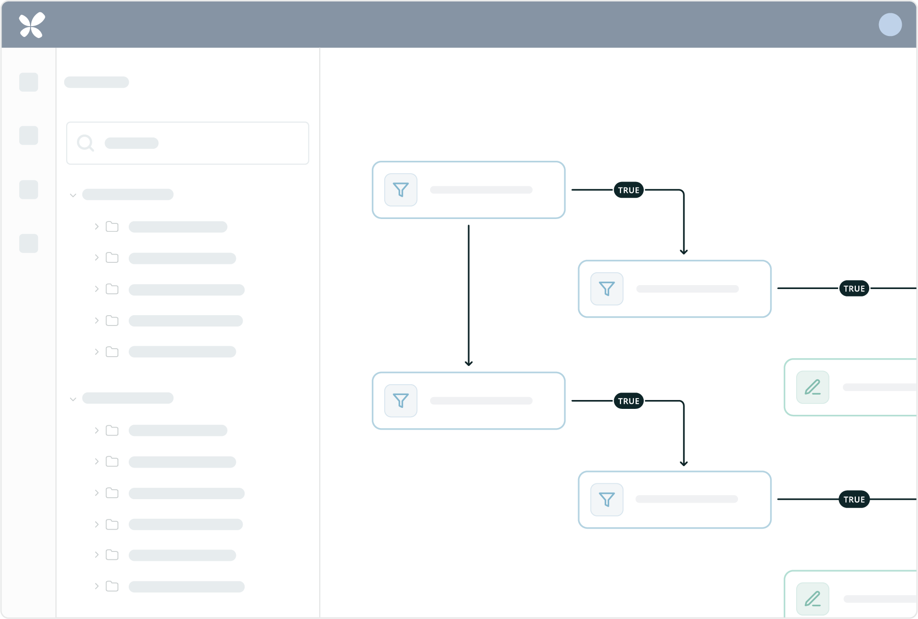 Branches are channels leading from filter boxes to action boxes, sorting and directing data toward specific actions.