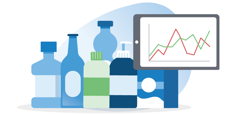 A visual showing different types of products with a visual depiction of a simple demand forecast line graph.