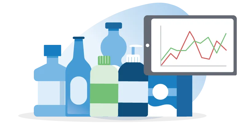 A visual showing different types of products with a visual depiction of a simple demand forecast line graph.