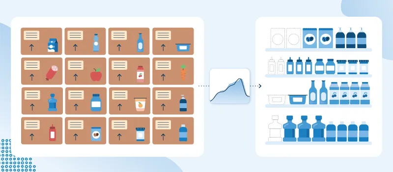 A visual depiction of demand forecasting in inventory planning, where boxes of various goods end up stocked perfectly on shelves due to the presence of an accurate demand forecast, depicted as a simplified line graph.