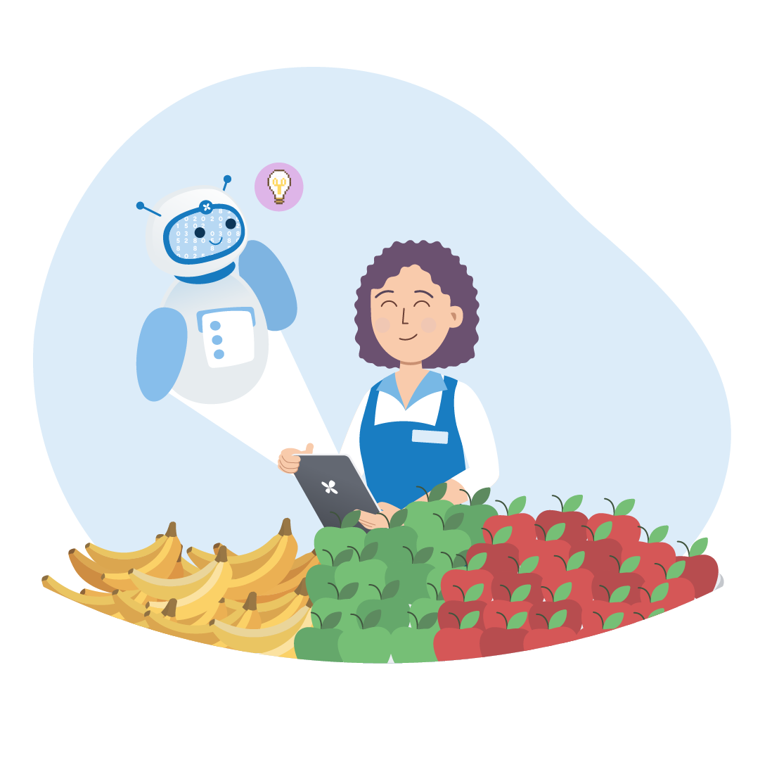 A grocery store employee stands behind at display of bananas, green apples, and red apples. The employee is smiling and holding a tablet. Out of the tablet, Rebot appears with a floating lightbulb next to his head to show he has a good idea.