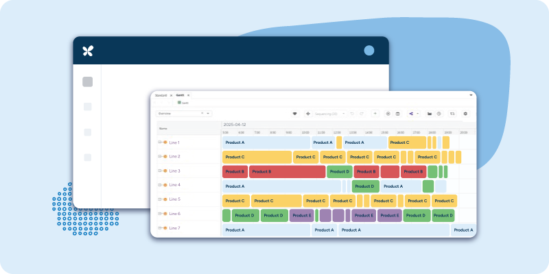 RELEX production scheduling interface showing color-coded products sequenced across multiple production lines on a Gantt chart timeline.