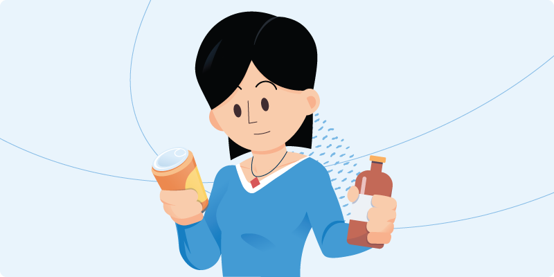 A customer in a blue shirt holds one product in each hand, comparing them. The customer holds one product closer to their face, carefully looking at the packaging.