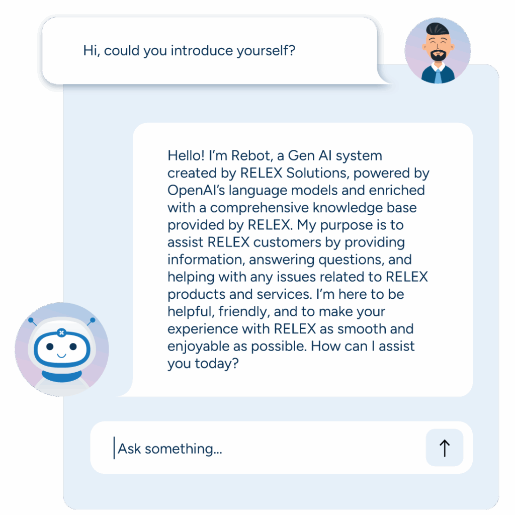 An image of Gen AI data insights withing RELEX, with a question asked from a user, and a response from Rebot, the Gen AI assistant within RELEX.