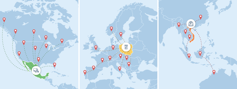 Three separate world map panels of the three hubs and dotted lines extending outward, suggesting supply chain routes.