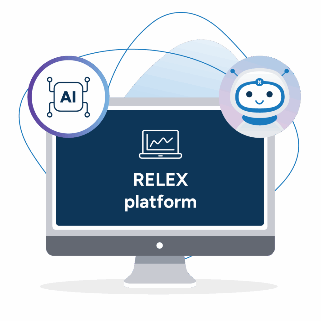 An illustration showing the RELEX platform, with AI on the left, Rebot on the right and the RELEX platform in the centre.