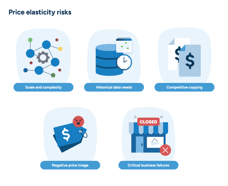 Five icons depict price elasticity risks: scale complexity, data needs, competitor copying, price image, and business failure.