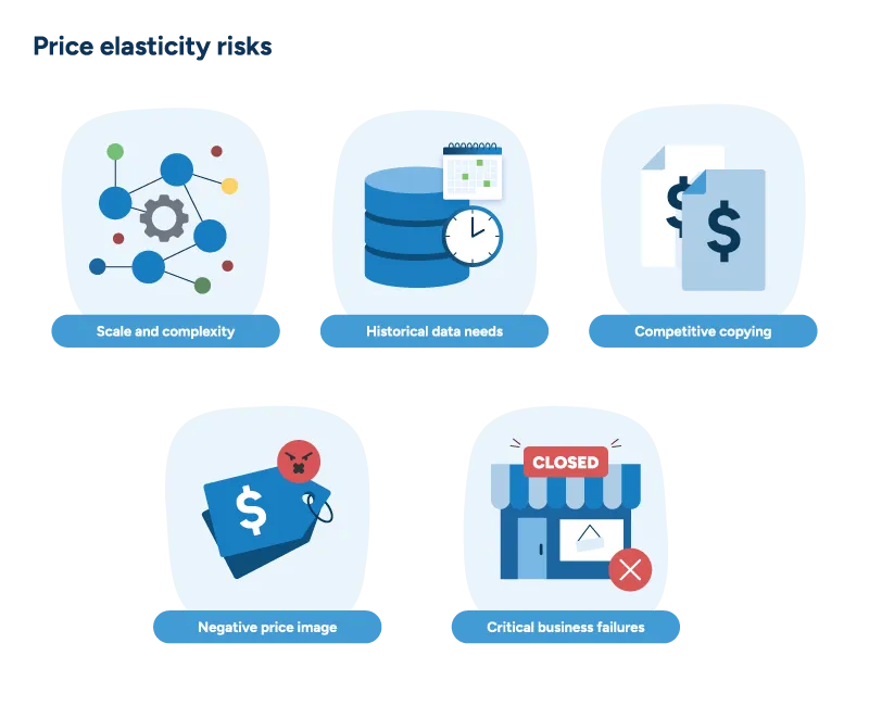 Five icons depict price elasticity risks: scale complexity, data needs, competitor copying, price image, and business failure.