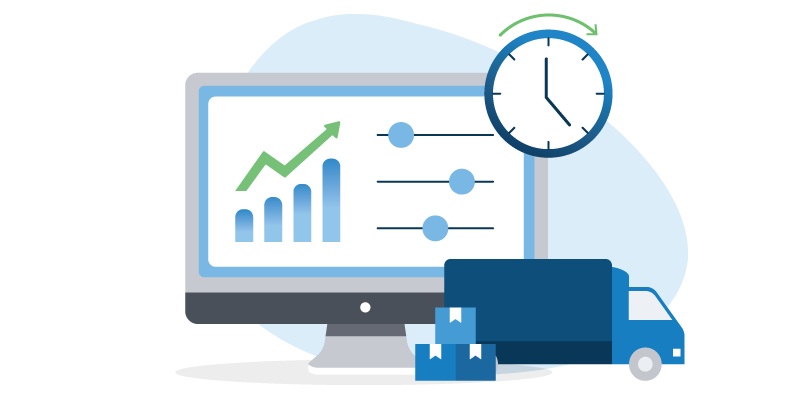 A computer UI (integrated master planning), a clock (production scheduling), and a trucks with boxes (distribution without bottlenecks).