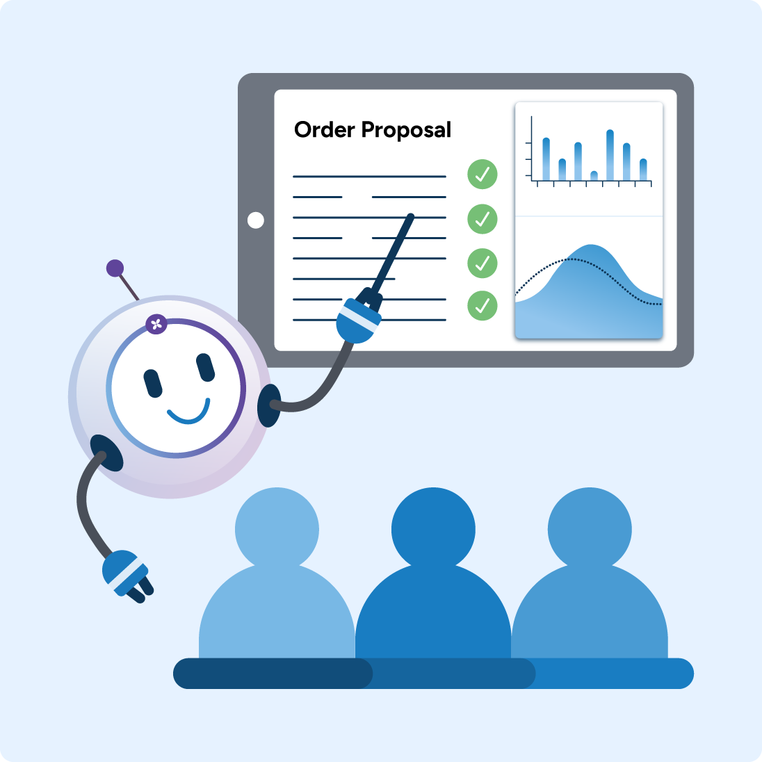 An illustrated AI agent reviewing an order proposal document alongside a group of planners to resolve ordering issues.