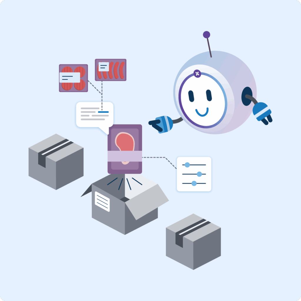 An illustrated AI agent sorting and tagging product boxes to identify attributes and match new products with reference items.