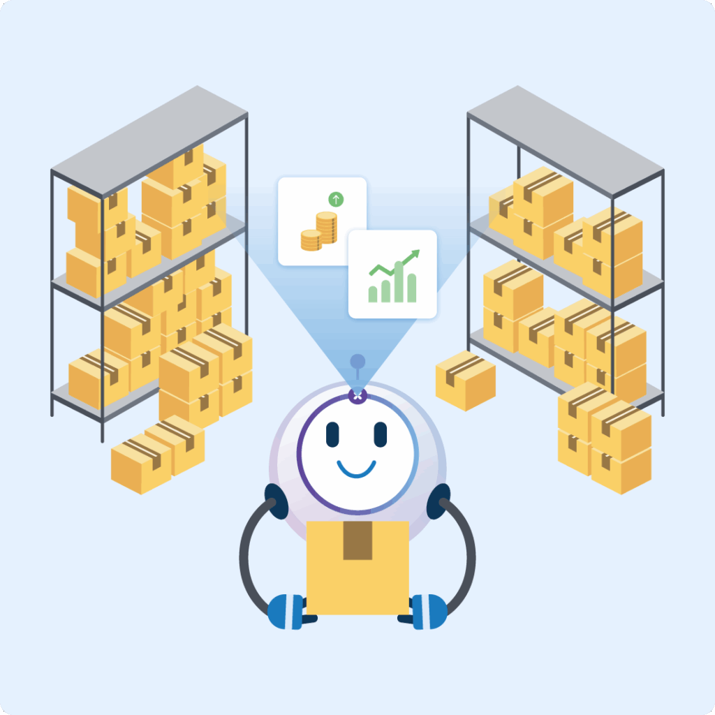An illustrated AI agent analyzing warehouse inventory data to support strategic decision-making across thousands of SKUs.