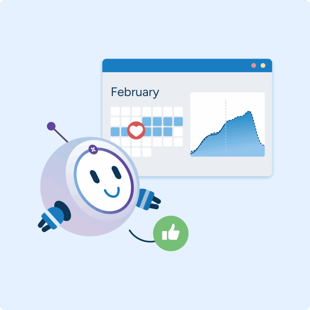 An illustrated AI agent reviewing a February promotional performance chart to diagnose what drove a campaign's outcome.