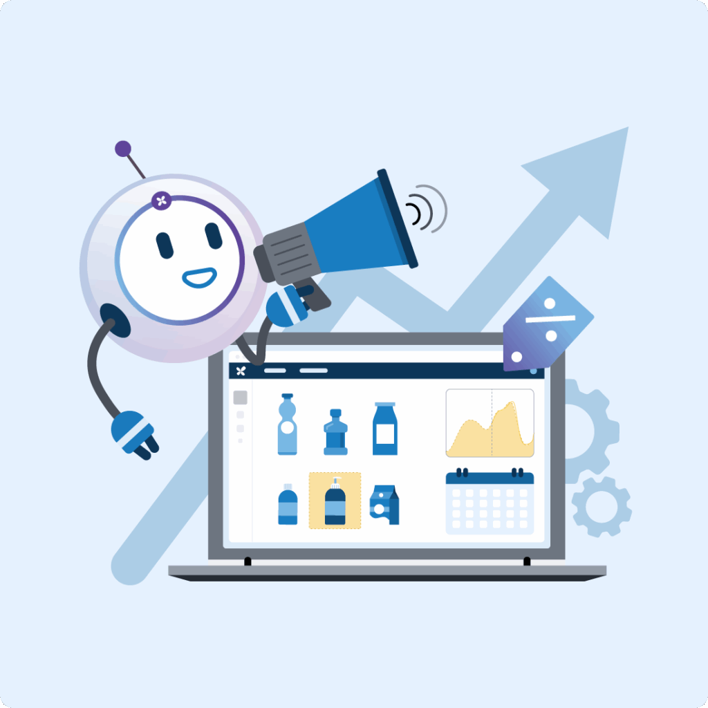 An illustrated AI agent at a laptop optimizing promotional campaigns using product and pricing data.