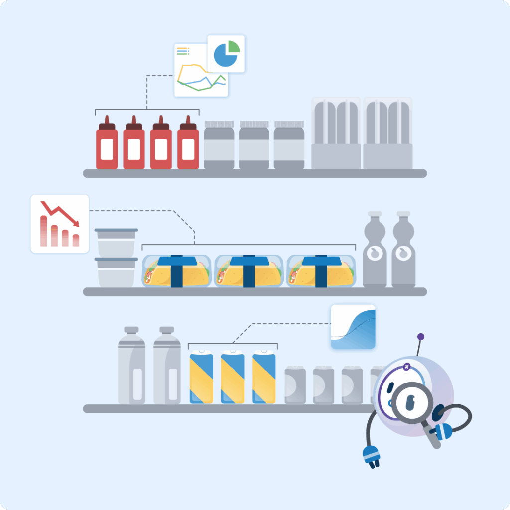 An illustrated AI agent analyzing rows of retail shelf products and pricing data to generate visual performance reports.