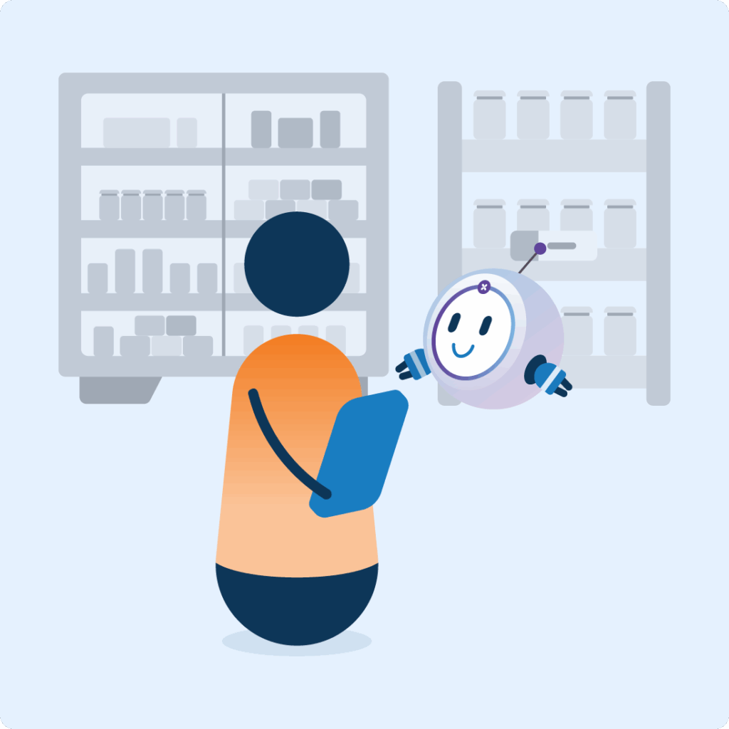 An illustrated AI agent assisting a store associate standing in front of a stocked retail shelf using a mobile device.