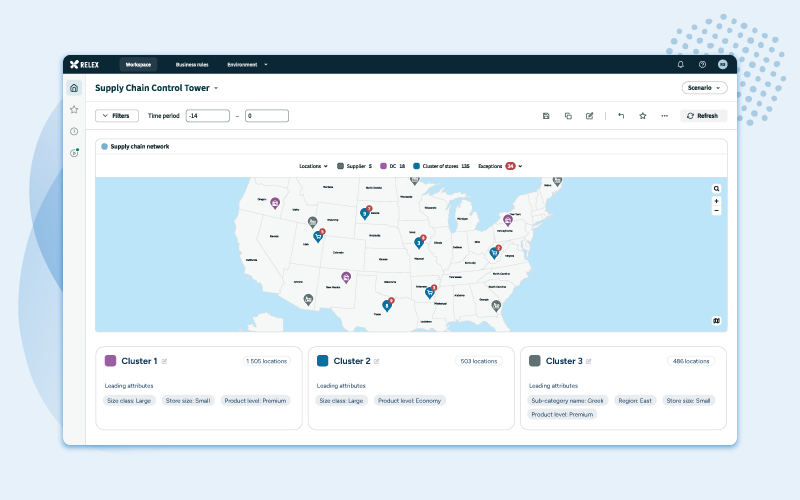 A screenshot of the RELEX Supply Chain Control Tower showing a map with store locations grouped into color-coded clusters.