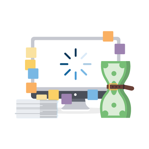 An illustration of a computer monitor screen and a stack of cash with a belt squeezing it tight.