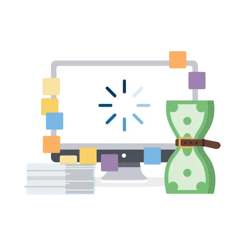 An illustration of a computer monitor screen and a stack of cash with a belt squeezing it tight.