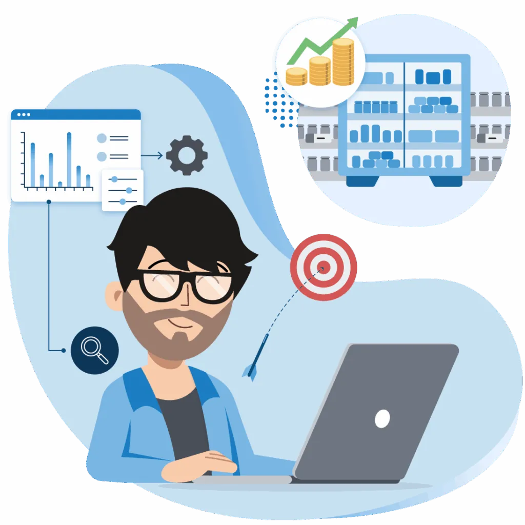 An illustration of a person working at a laptop with data charts, a target, and stocked retail shelves in the background.