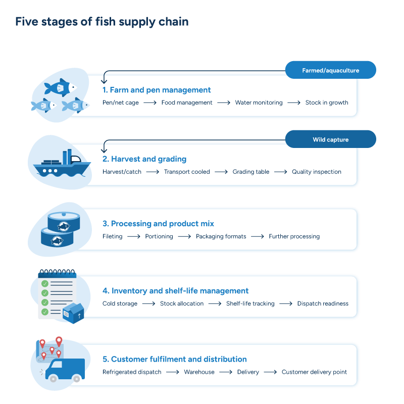 A flowchart illustrating the five stages of the fish supply chain. Stage 1, Farm and pen management (farmed/aquaculture): pen/net cage → food management → water monitoring → stock in growth. Stage 2, Harvest and grading (wild capture): harvest/catch → transport cooled → grading table → quality inspection. Stage 3, Processing and product mix: filleting → portioning → packaging formats → further processing. Stage 4, Inventory and shelf-life management: cold storage → stock allocation → shelf-life tracking → dispatch readiness. Stage 5, Customer fulfilment and distribution: refrigerated dispatch → warehouse → delivery → customer delivery point.