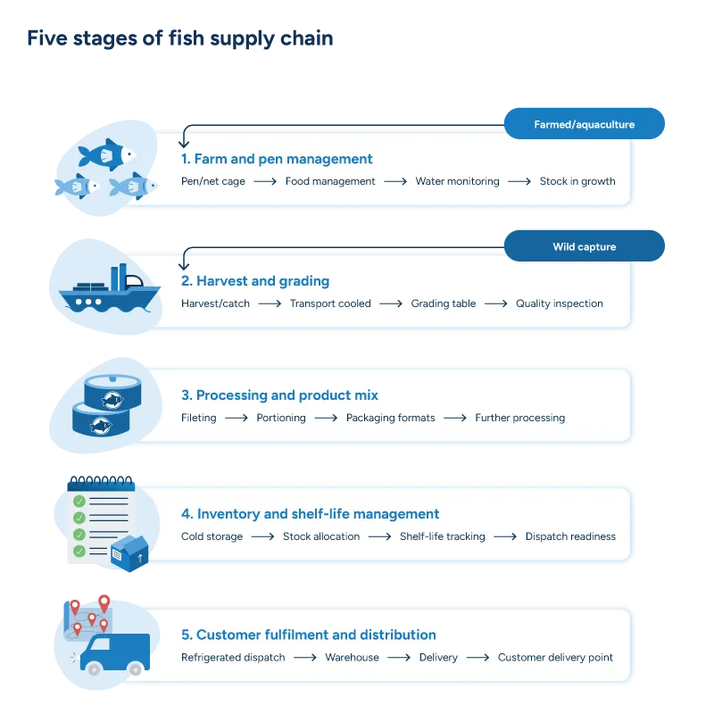 A flowchart illustrating the five stages of the fish supply chain. Stage 1, Farm and pen management (farmed/aquaculture): pen/net cage → food management → water monitoring → stock in growth. Stage 2, Harvest and grading (wild capture): harvest/catch → transport cooled → grading table → quality inspection. Stage 3, Processing and product mix: filleting → portioning → packaging formats → further processing. Stage 4, Inventory and shelf-life management: cold storage → stock allocation → shelf-life tracking → dispatch readiness. Stage 5, Customer fulfilment and distribution: refrigerated dispatch → warehouse → delivery → customer delivery point.