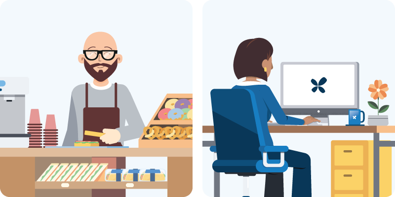A split screen shows a calm planner with an organized dashboard alongside a composed deli worker executing production smoothly.