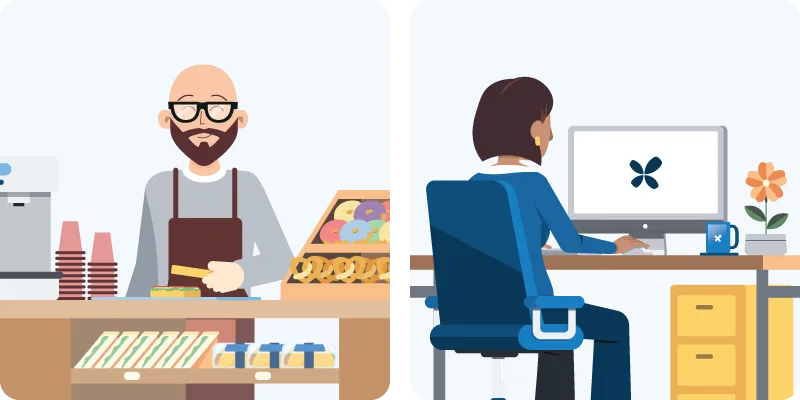 A split screen shows a calm planner with an organized dashboard alongside a composed deli worker executing production smoothly.